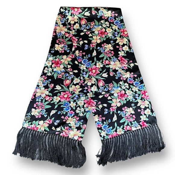 Shanghai Museum Womens Silk Scarf Black Floral Rectangular Tassed Fringe Trim - Picture 1 of 11